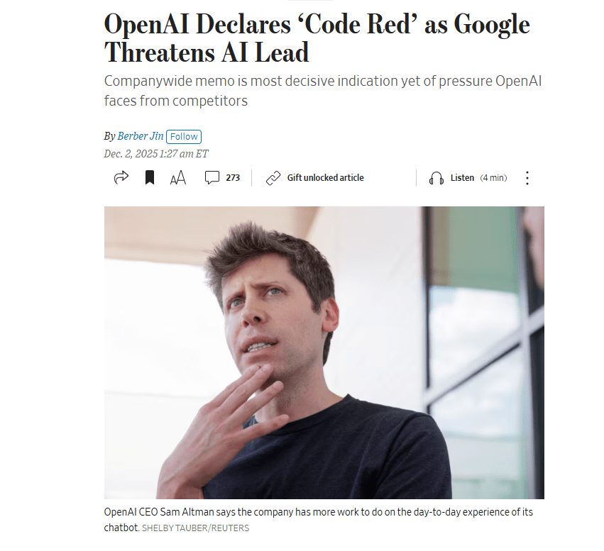OpenAI启动红色警报应对谷歌Gemini 3冲击