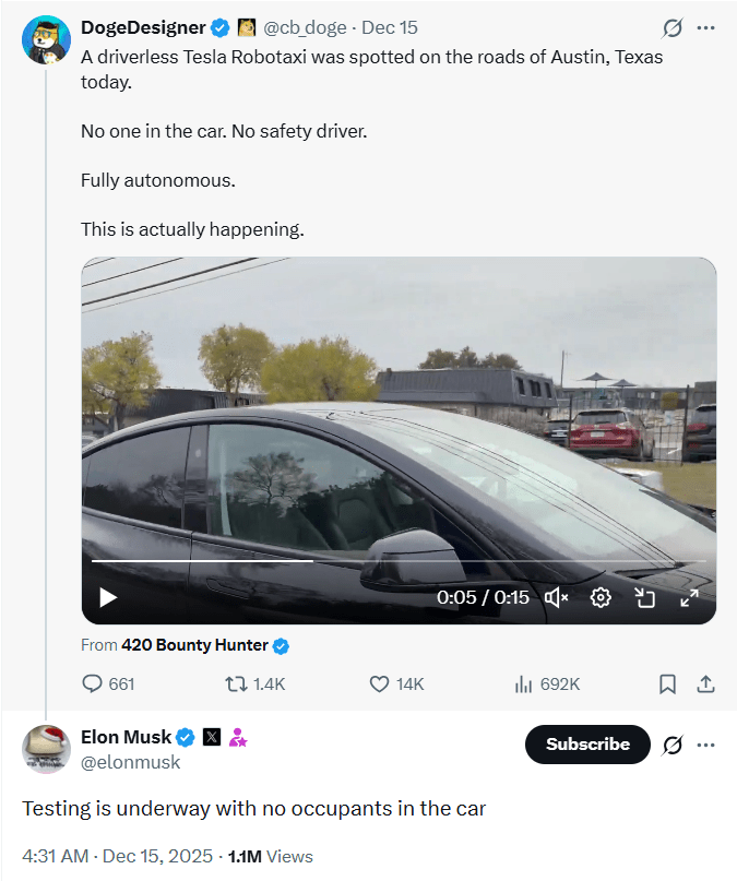 特斯拉无人驾驶突破：安全员下岗引资本博弈