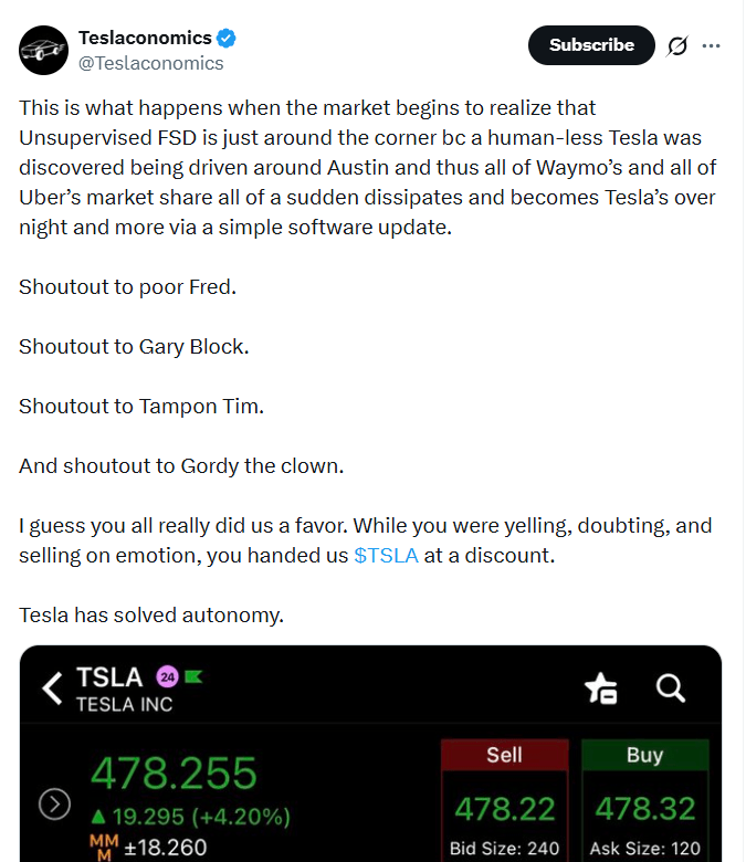 特斯拉无人驾驶突破：安全员下岗引资本博弈