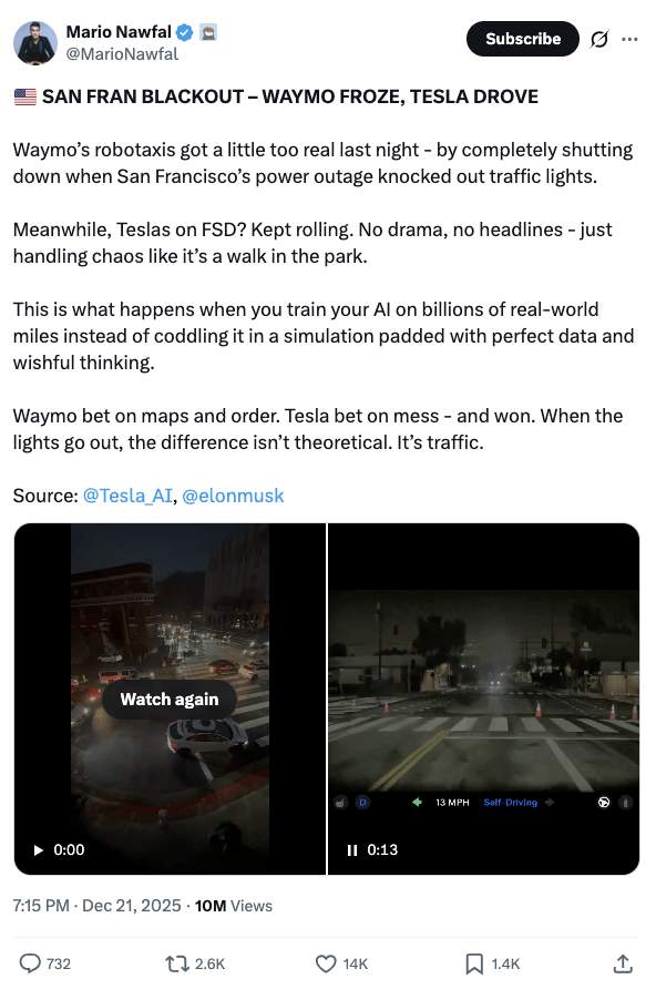 Waymo自动驾驶瘫痪引技术路线争议，特斯拉纯视觉未受影响